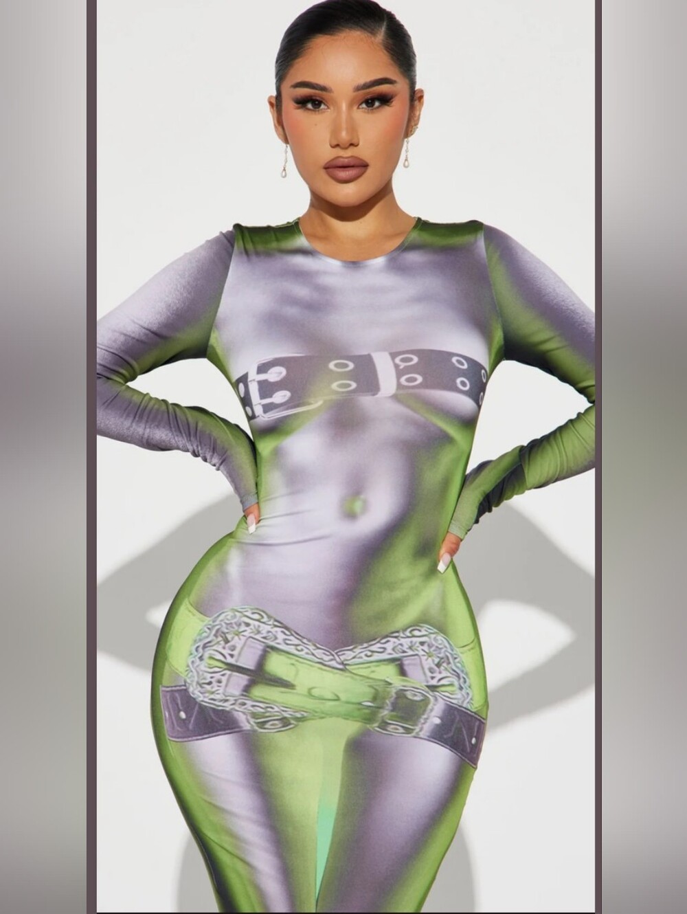 Fashion Nova Silver and Green Metallic Illusion Long Sleeve Maxi Dress 🔥 - Picture 3 of 6